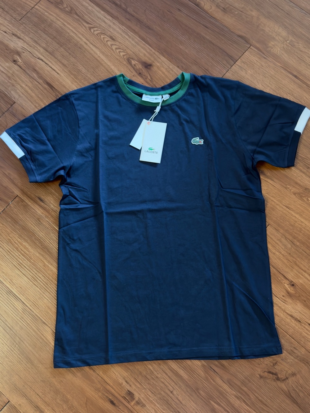 Lacoste Men’s Navy Tee with Green Contrast Collar